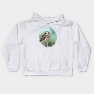 Short eared owl on blue Kids Hoodie